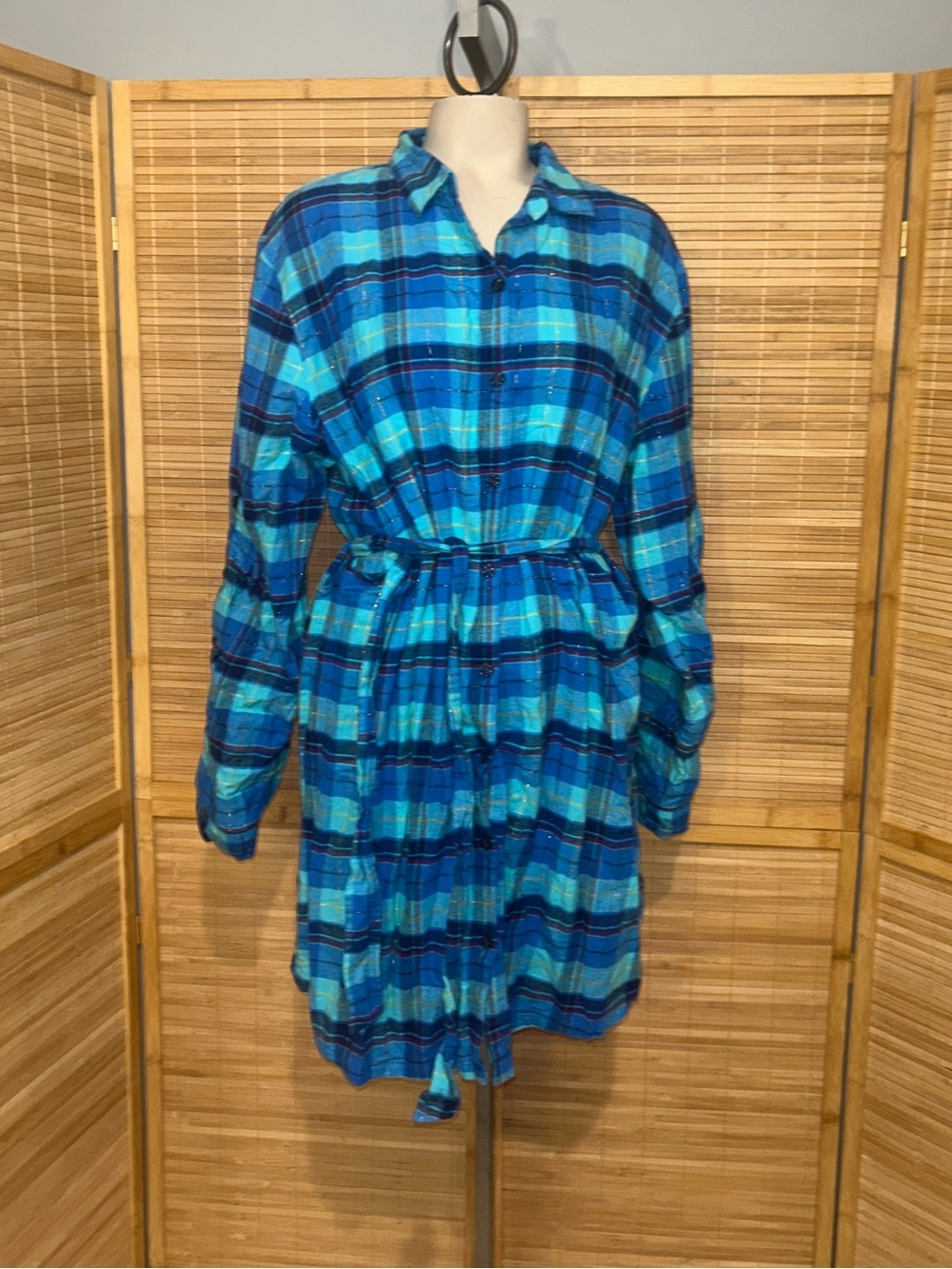 Xhileration aqua black plaid plaid belted shirt dress nightgown woman’s XL Y2K